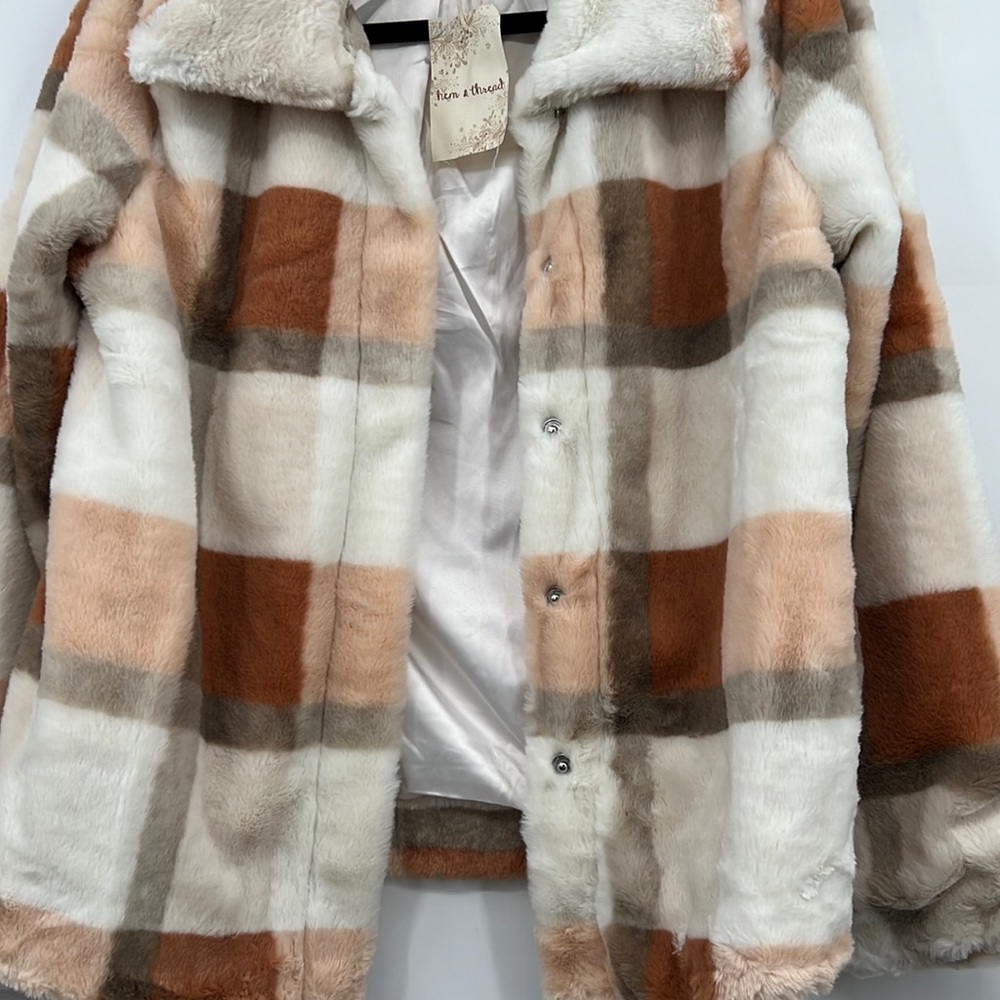 🆕Hem & Thread Fleece Jacket Plaid Colorblock Cream Orange Brown Lined Restocked - Picture 11 of 15
